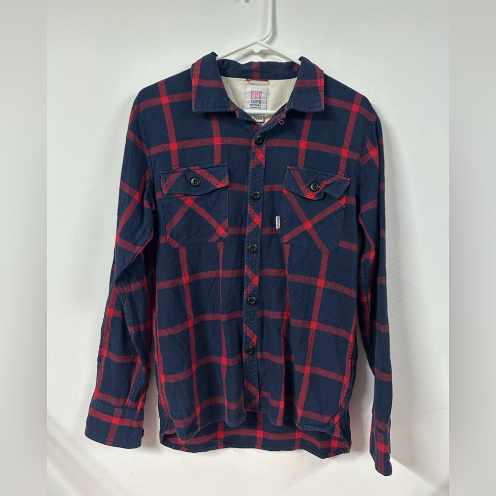 Topo Designs Flannel Western Shirt Men Small Blue Red Plaid Twill Pockets